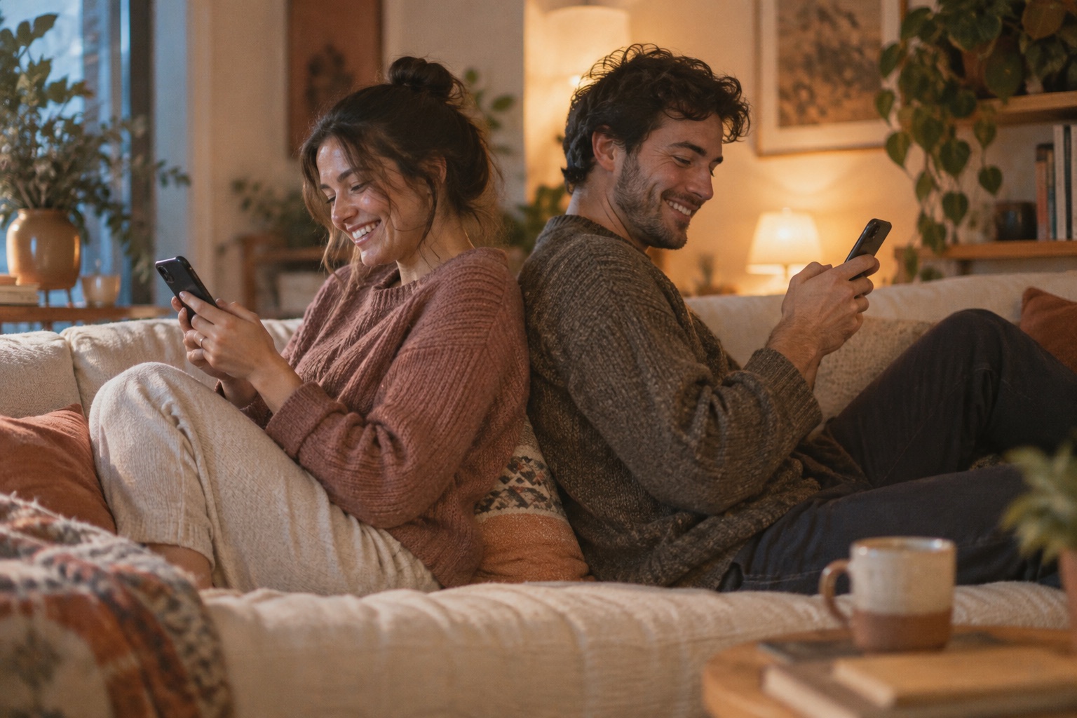 A couple sitting back to back on the couch, each smiling at their own phone