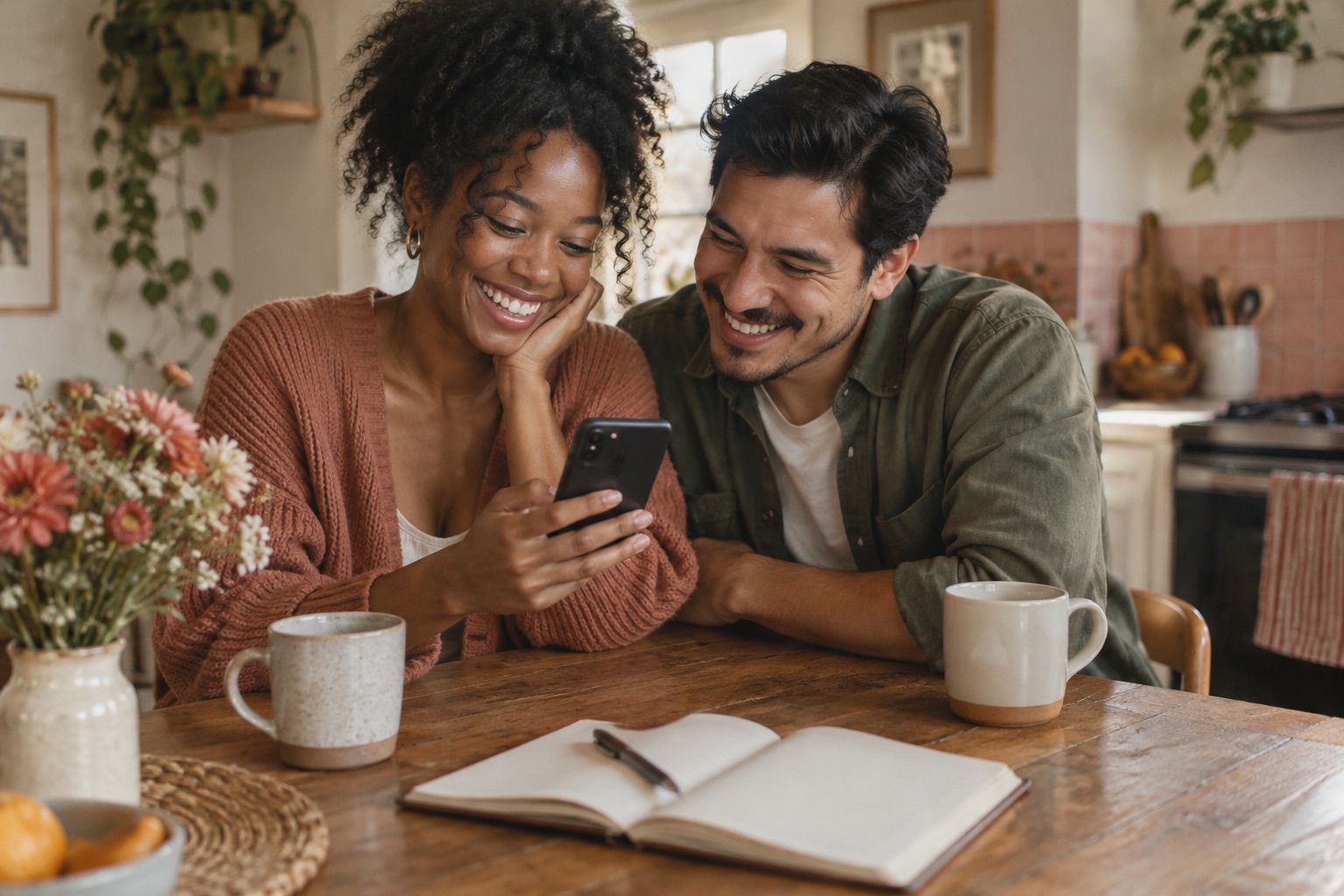 A couple laughing at one phone together at the kitchen table, an open notebook in front of them