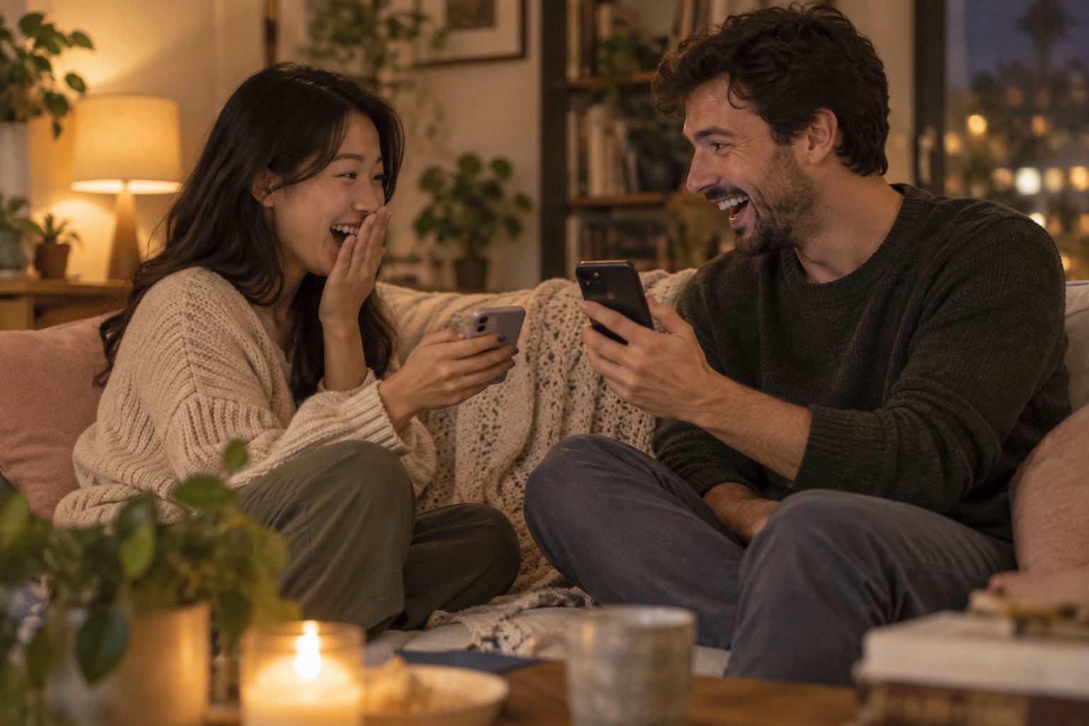 A couple on the couch showing each other their phones and laughing