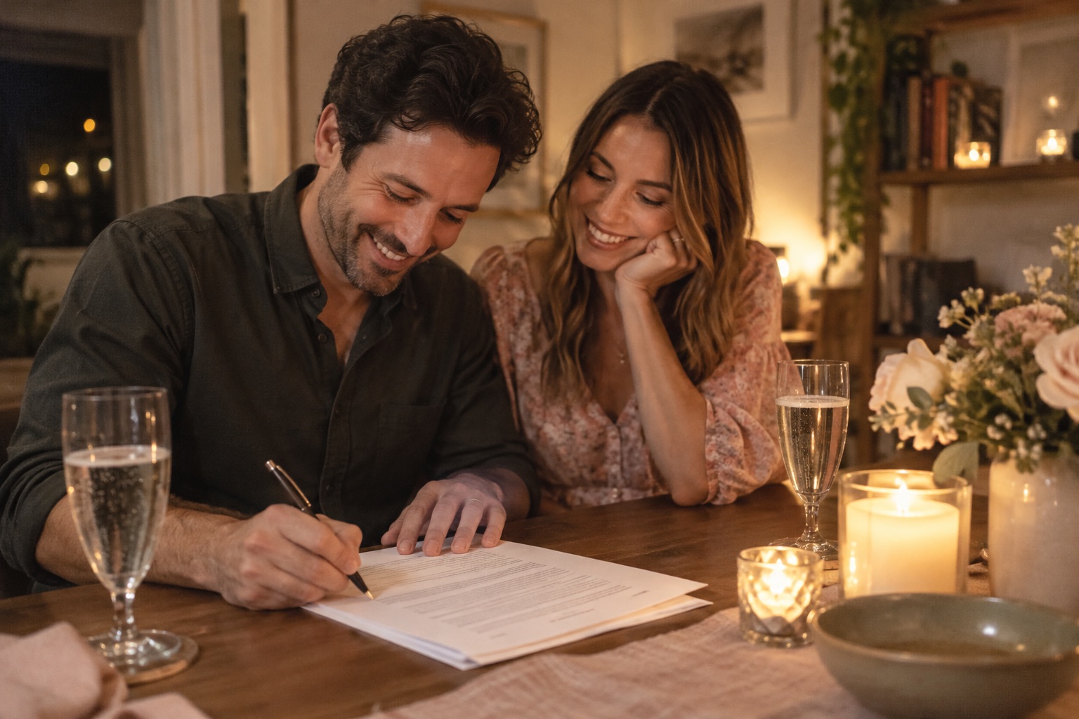 A couple at a candlelit table, one signing a printed contract while the other smiles
